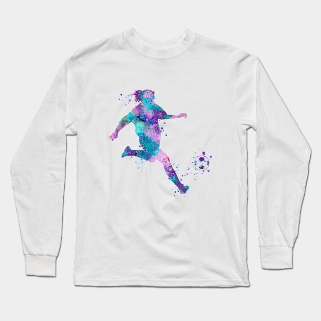 Girl Soccer Player Kick Watercolor Painting Long Sleeve T-Shirt by LotusGifts